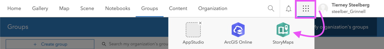 Screenshot showing StoryMaps button in ArcGIS Online